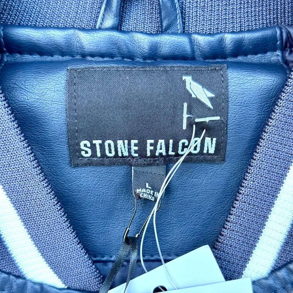 Stone Falcon Navy Blue Faux Leather Varsity Bomber Jacket 03 New With Tags - Picture 4 of 5